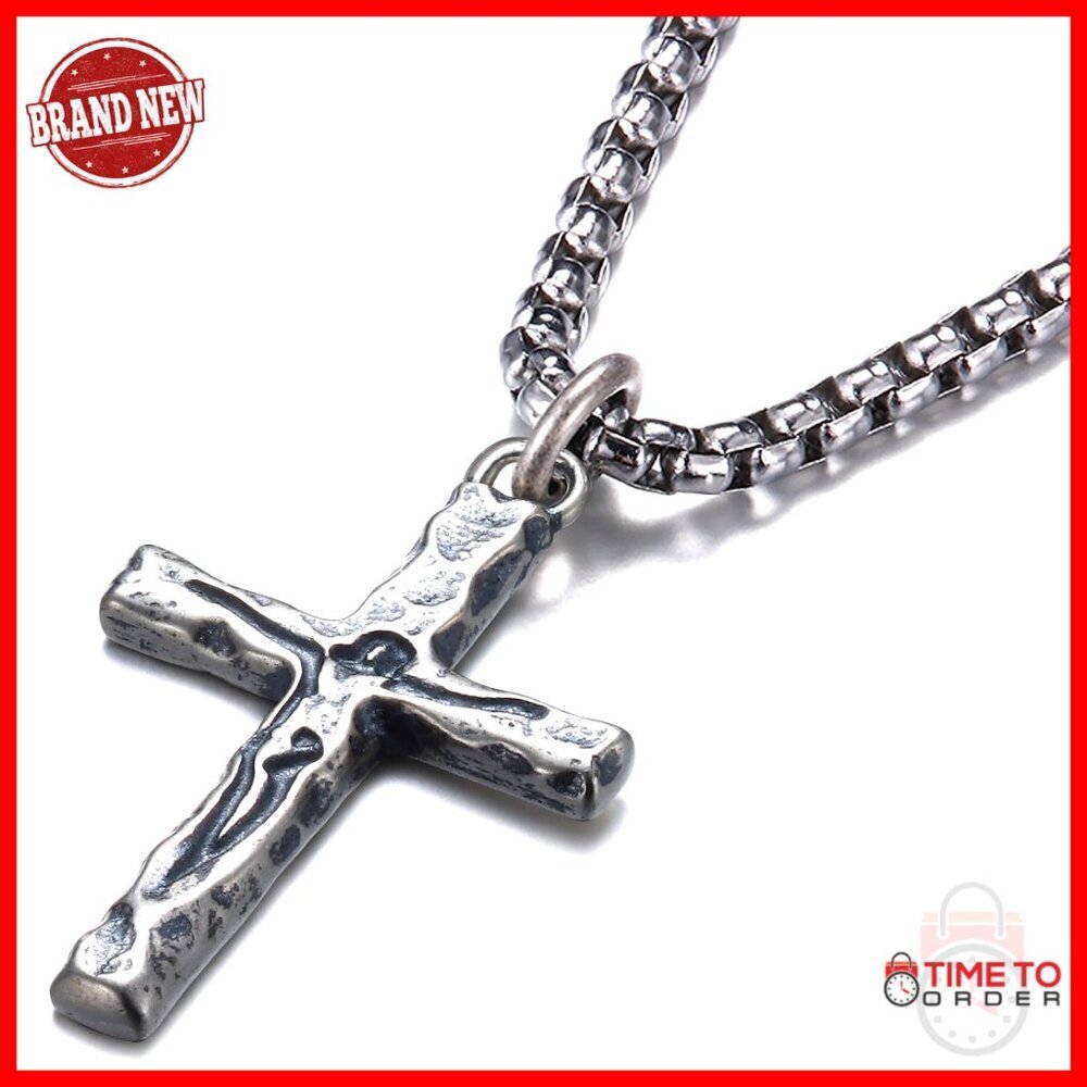 Sterling Silver Carved Jesus Cross Pendant Necklace with Stainless Steel Chain